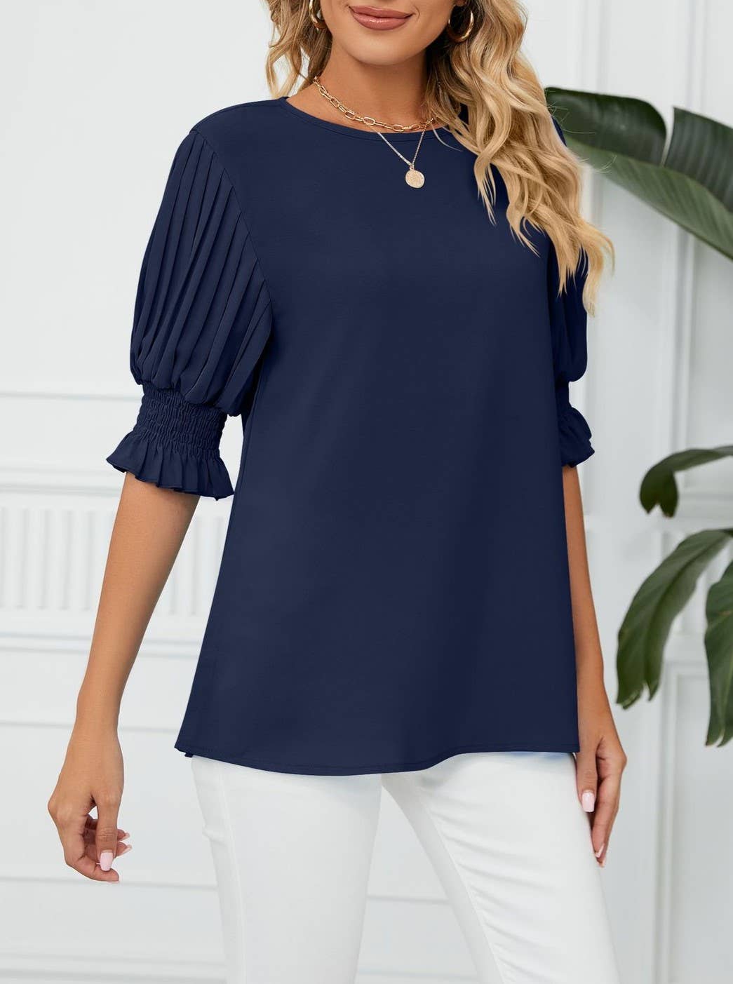 Crewneck Ruffled Sleeves Loose Chiffon T-Shirt Top