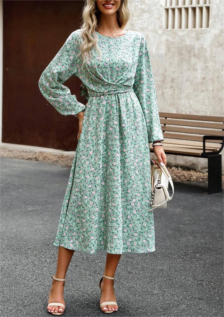 Pleated Long-Sleeved Crewneck Floral Maxi Dress