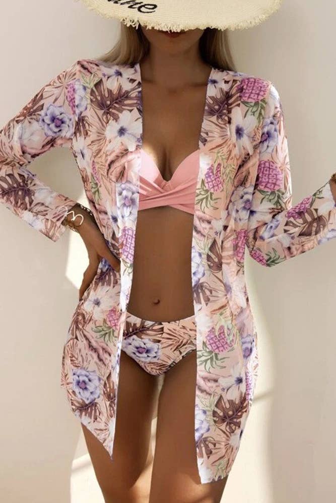 Floral Print 3PCS Bikini Set With Cover Up