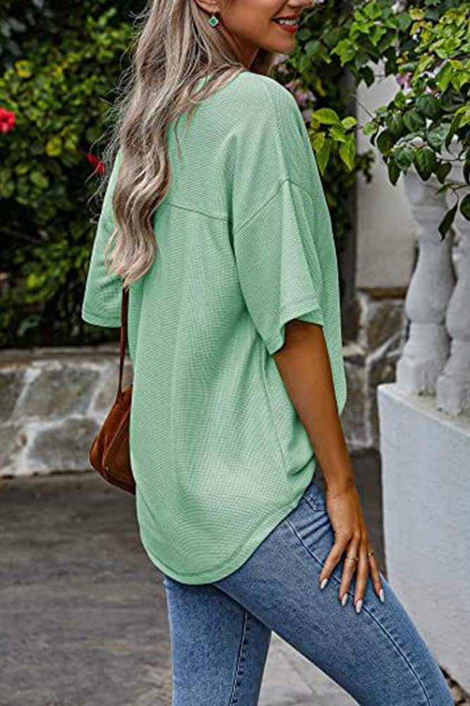 Plain Waffle Knit V Neck Pocket Oversize Top