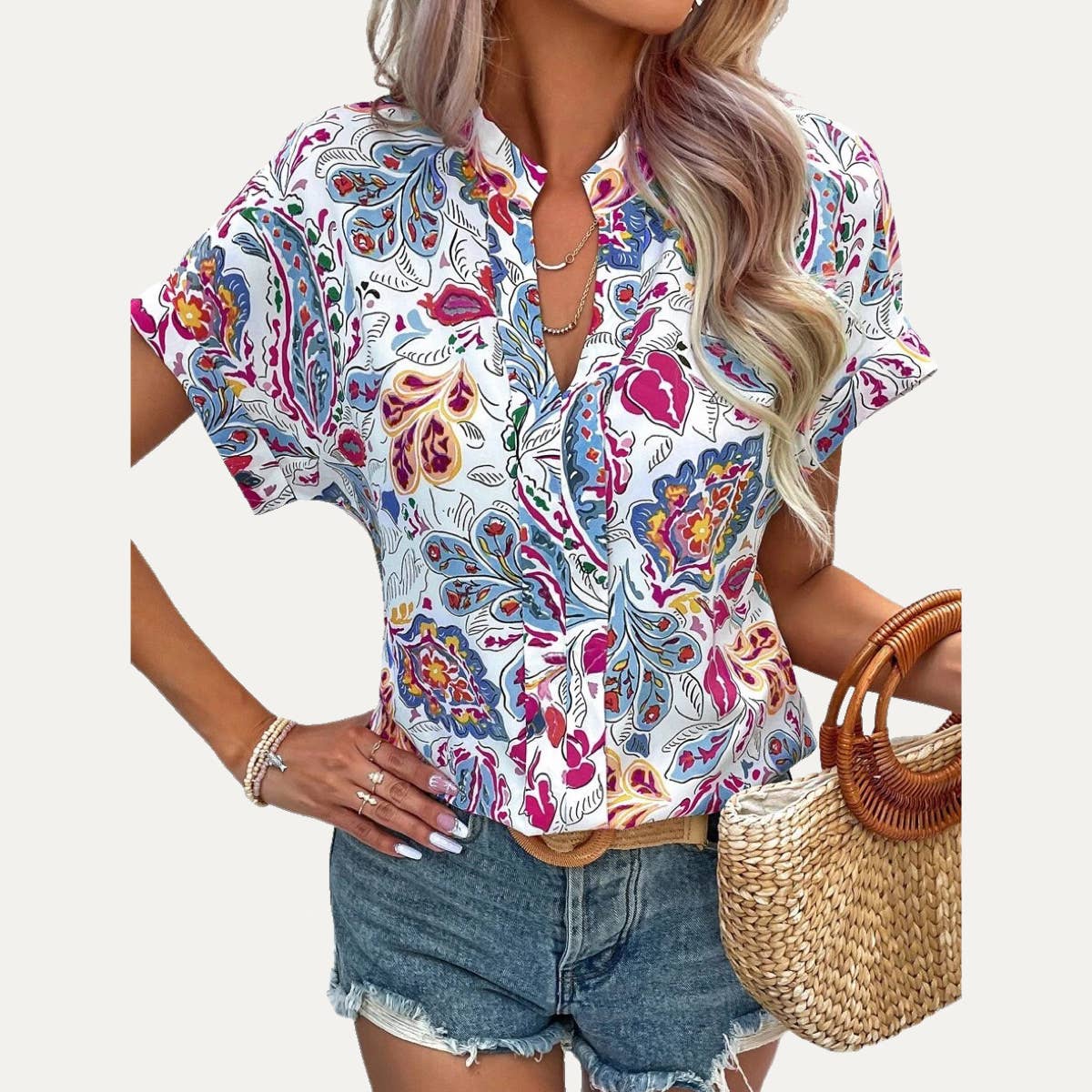 Always Trendy Multi-Color Printed V-Neck Short Sleeve Top