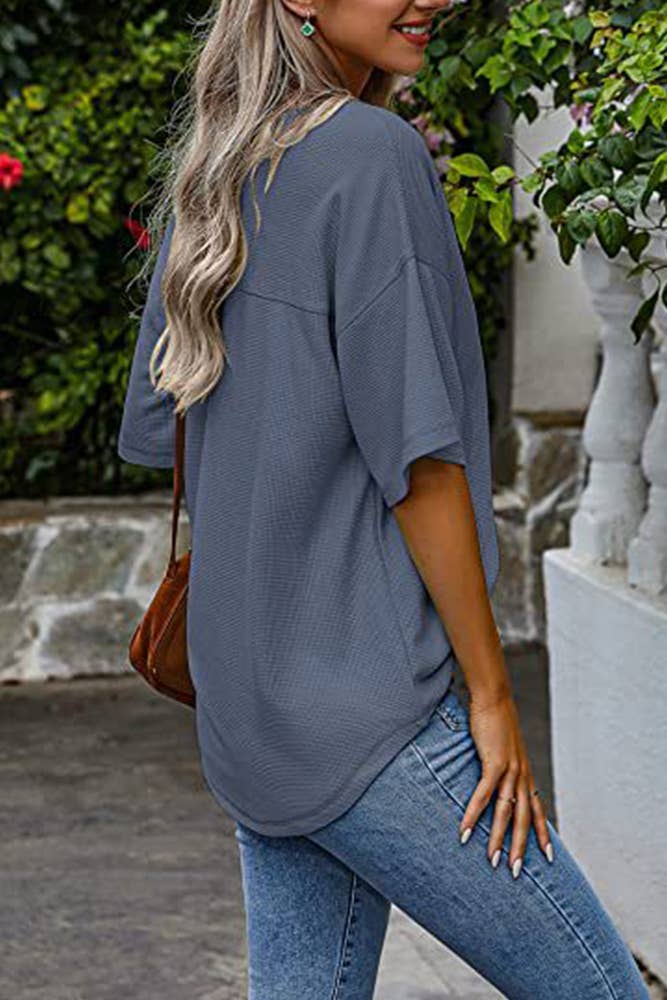 Plain Waffle Knit V Neck Pocket Oversize Top