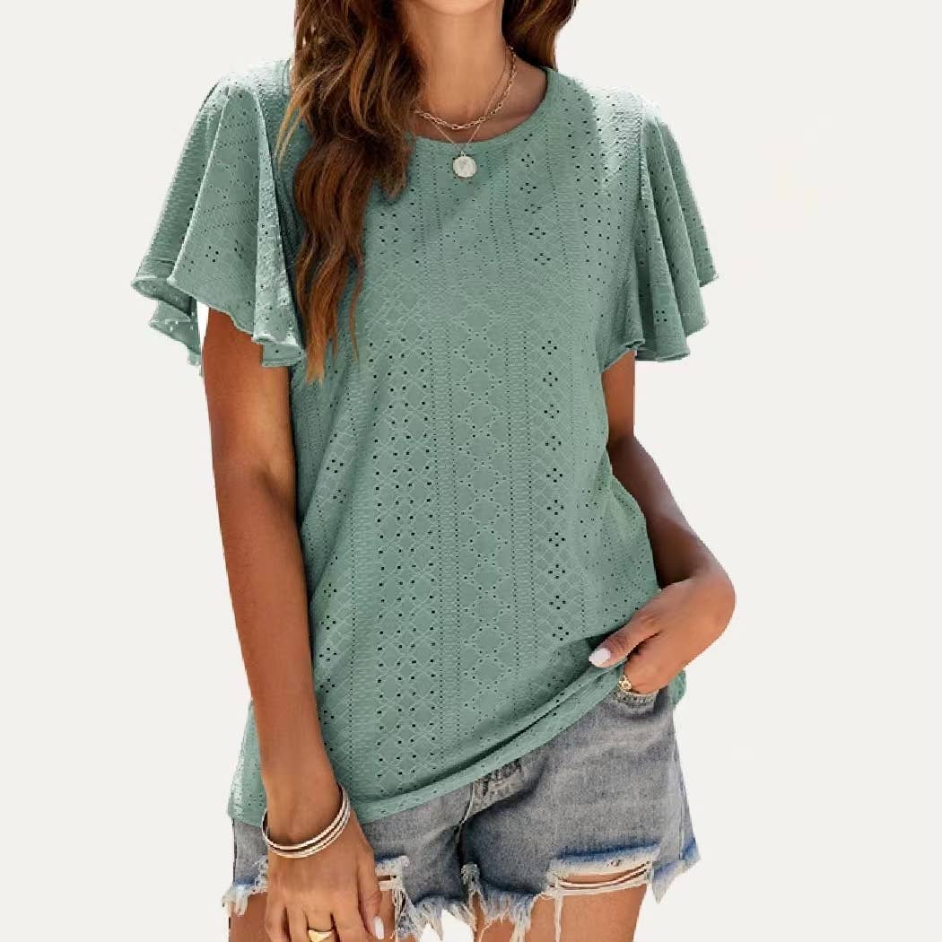 Pierced Eyelet Flutter Short Sleeve Top