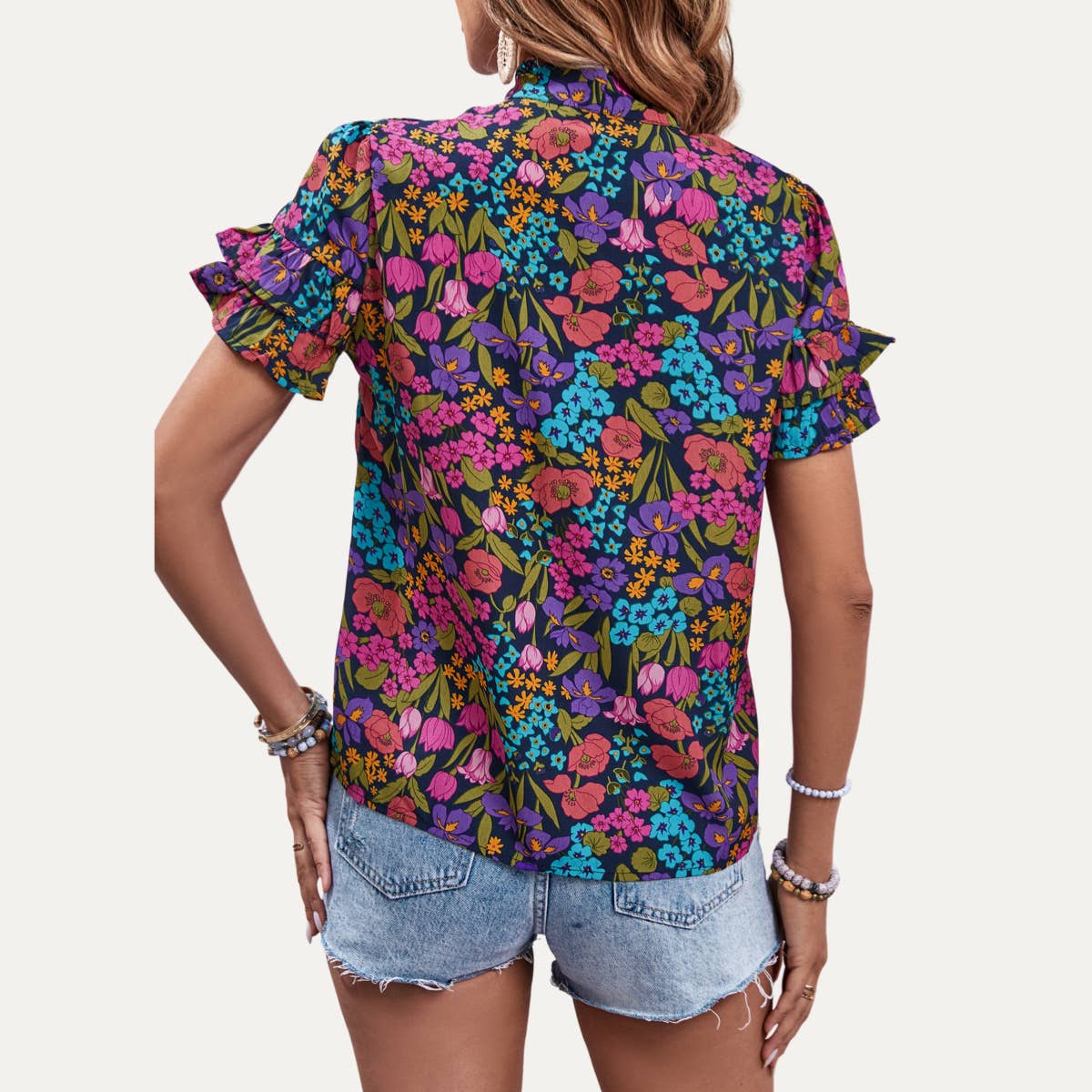 Lively Multicolor Floral Print Tying-Neck Short Sleeve Top