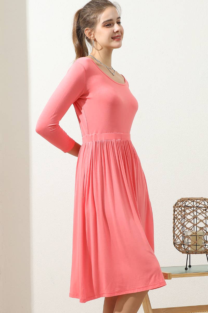 Scoop neck A Line Waist Banded Swing Midi Dress