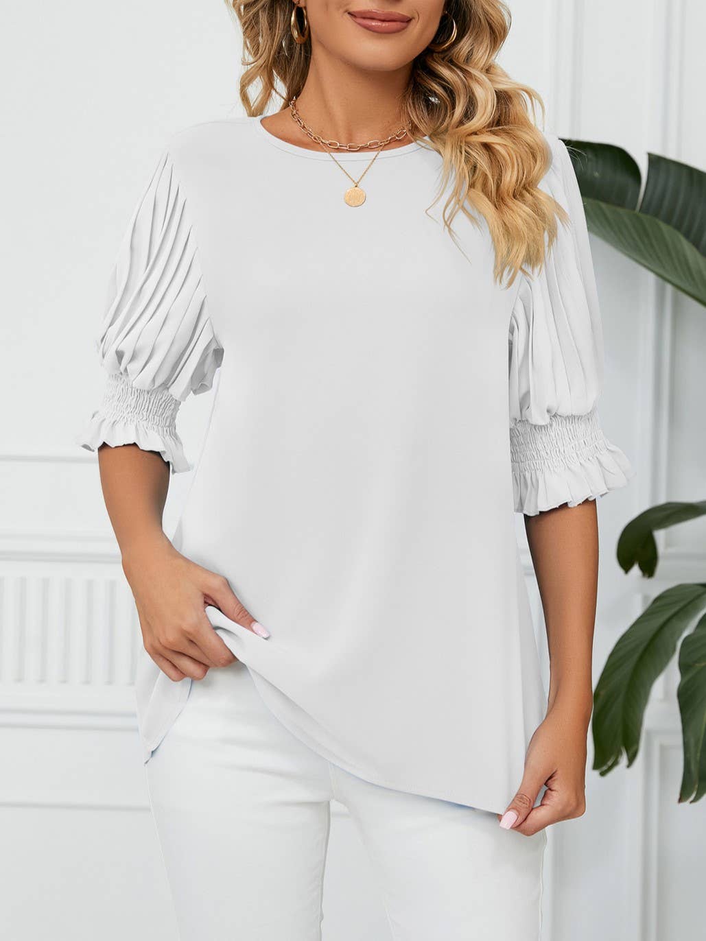 Crewneck Ruffled Sleeves Loose Chiffon T-Shirt Top