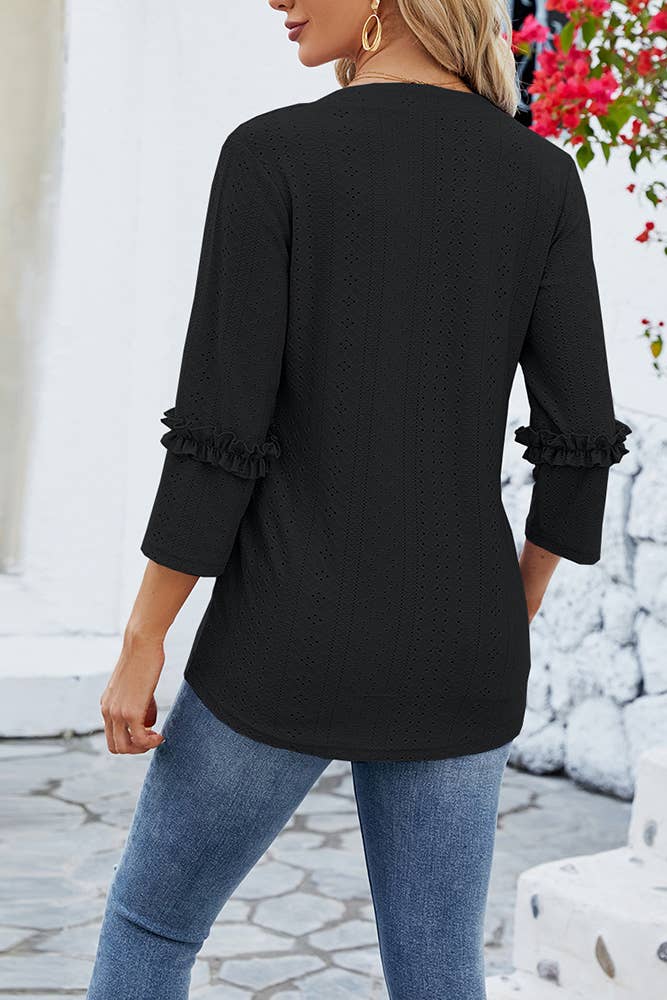 Plain Eyelet Pattern V Neck Ruffles Sleeves Top