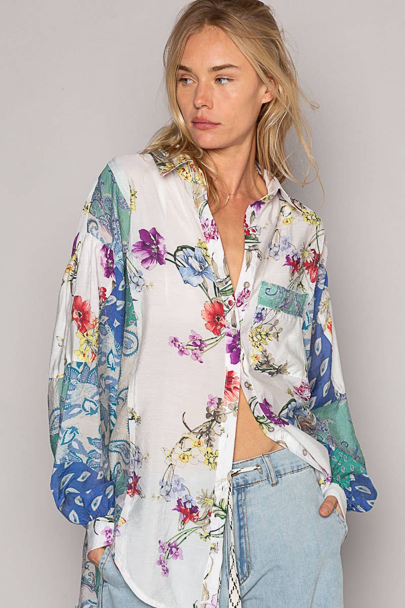 Oversize long sleeve print woven button down shirt