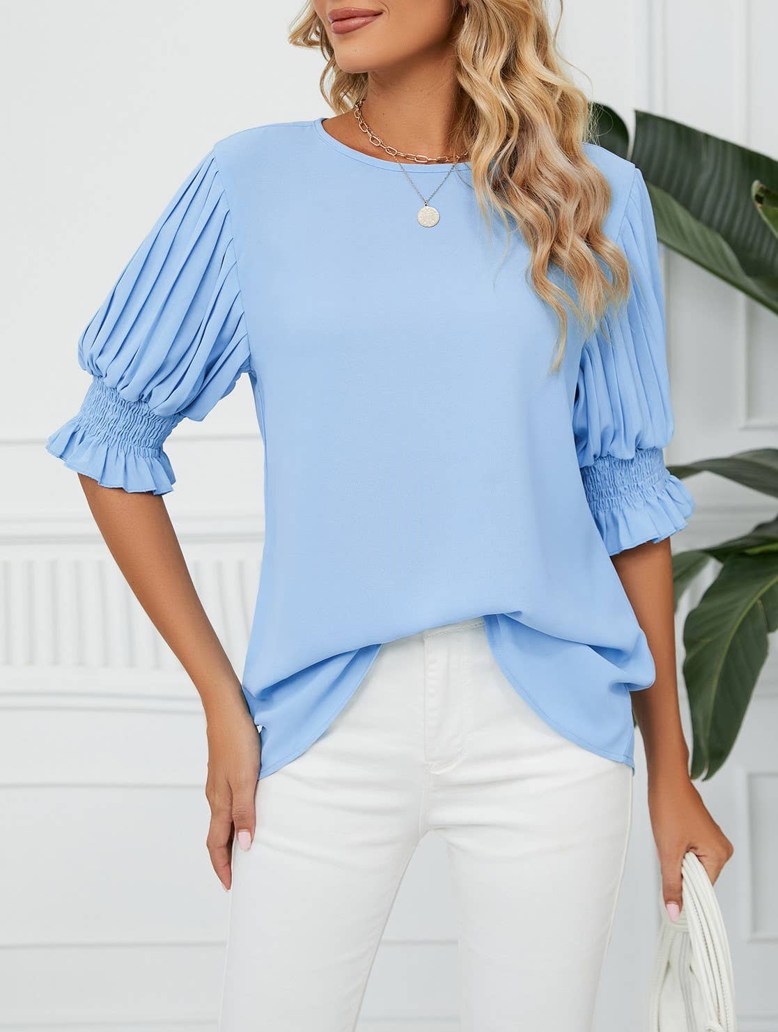 Crewneck Ruffled Sleeves Loose Chiffon T-Shirt Top