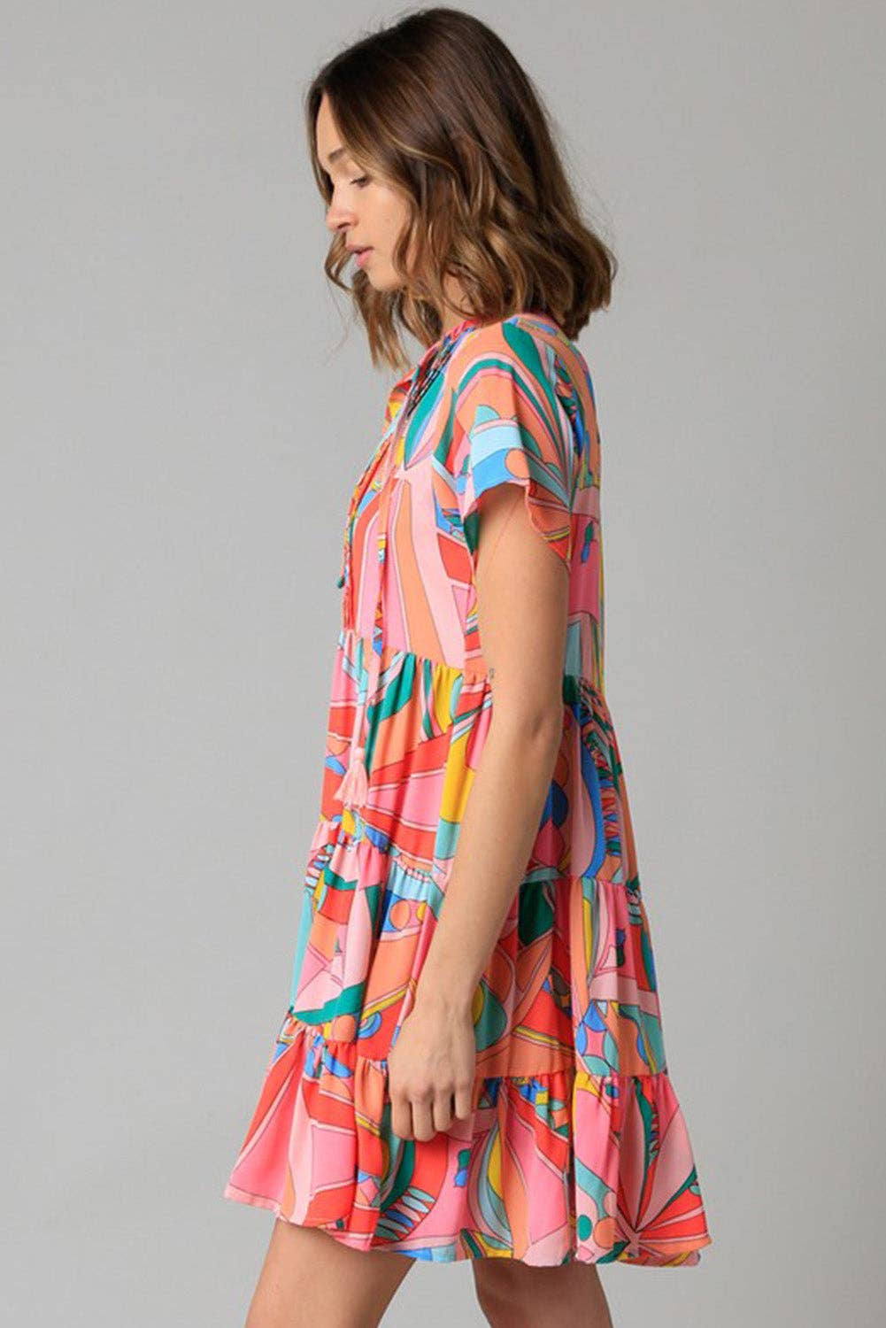 Multicolor Abstract Geometric Print Tassel Tie Flared Dress