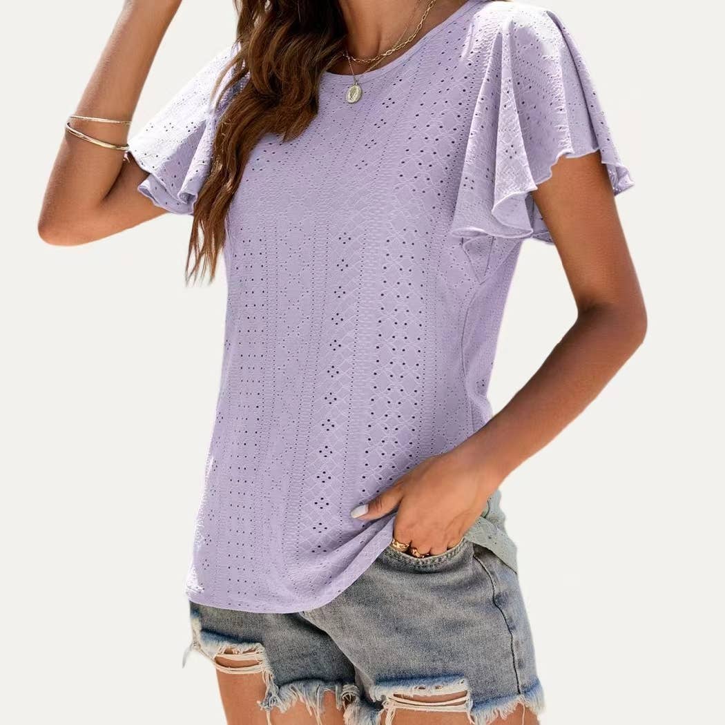 Pierced Eyelet Flutter Short Sleeve Top