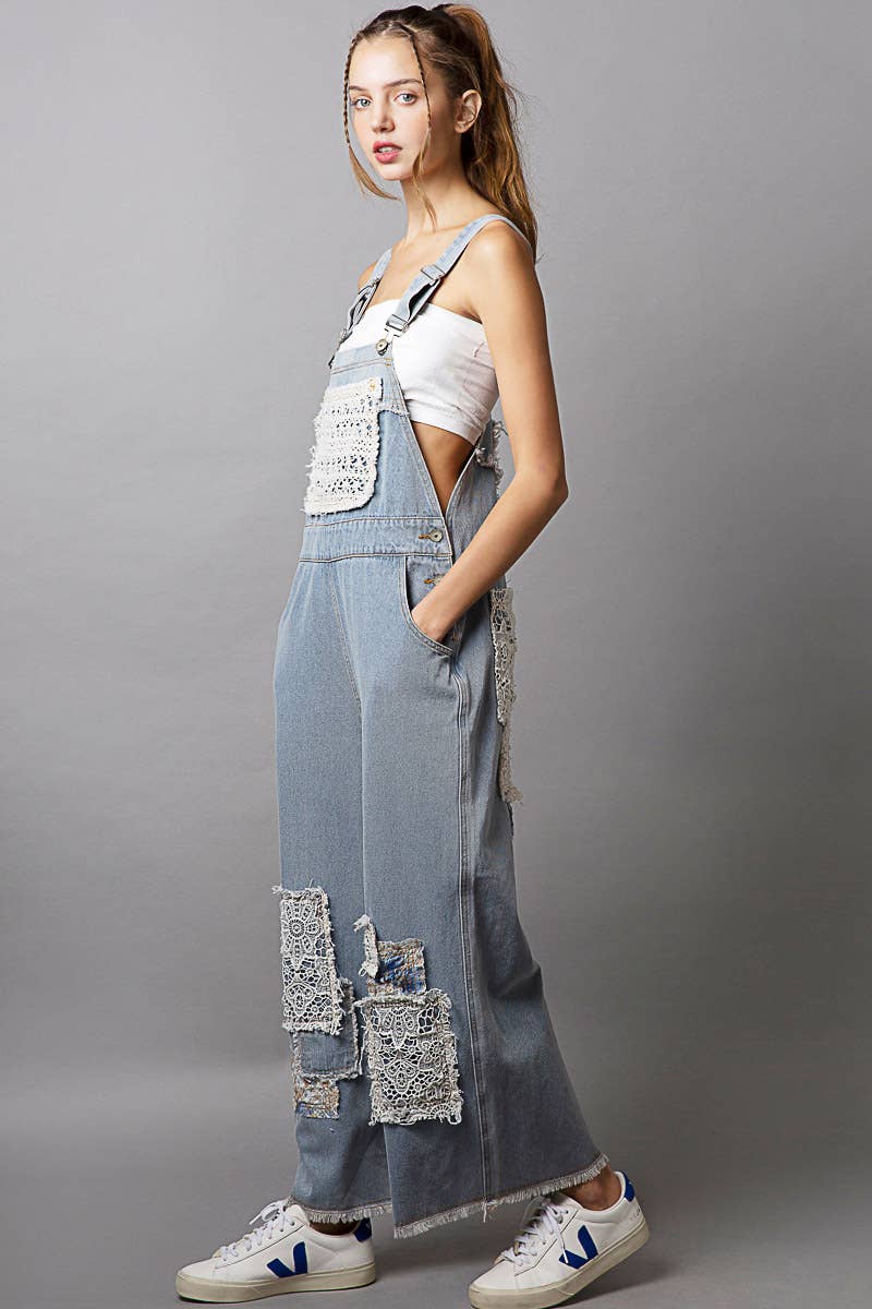 Crochet patchwork detail casual denim overalls