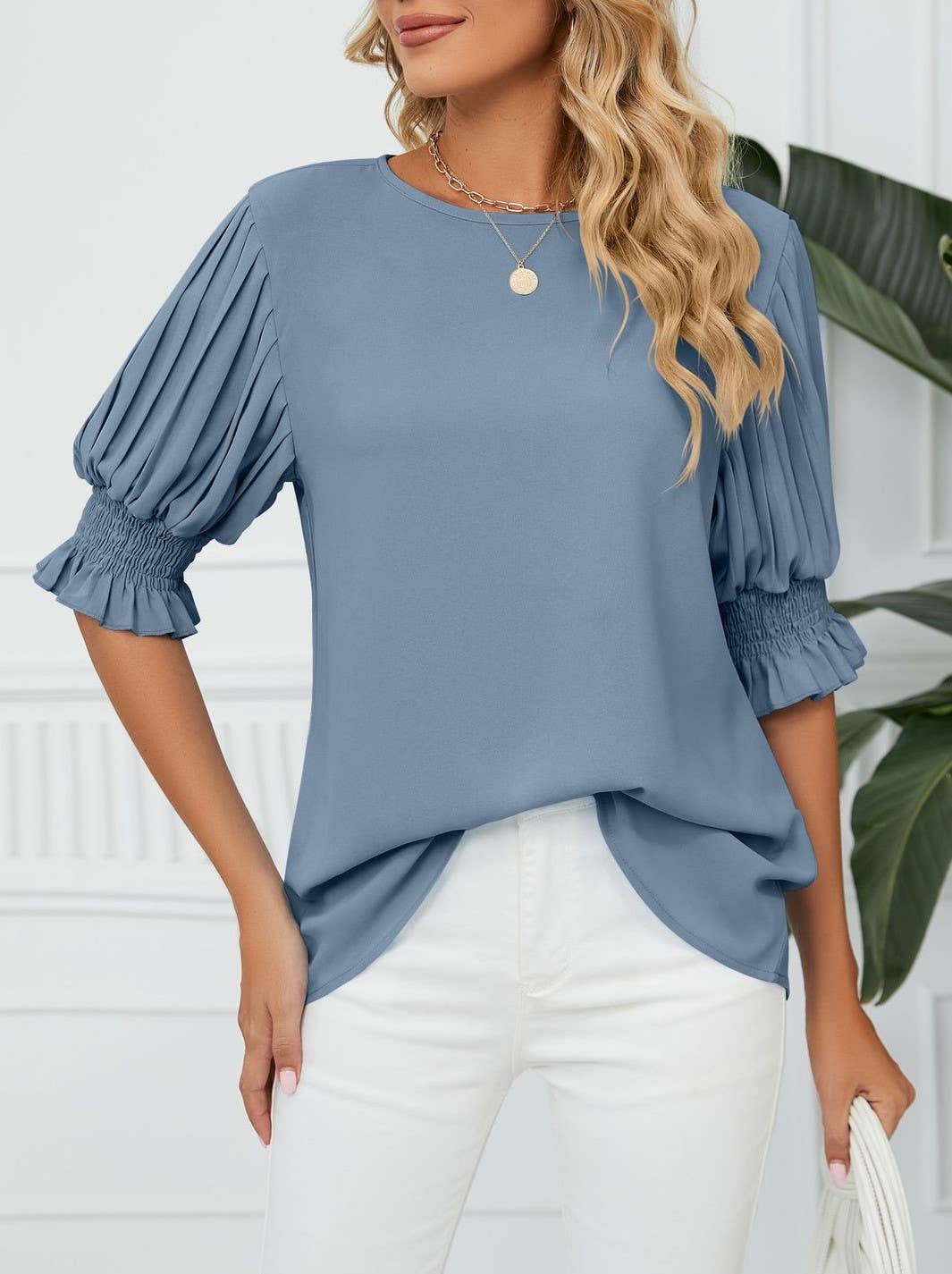 Crewneck Ruffled Sleeves Loose Chiffon T-Shirt Top