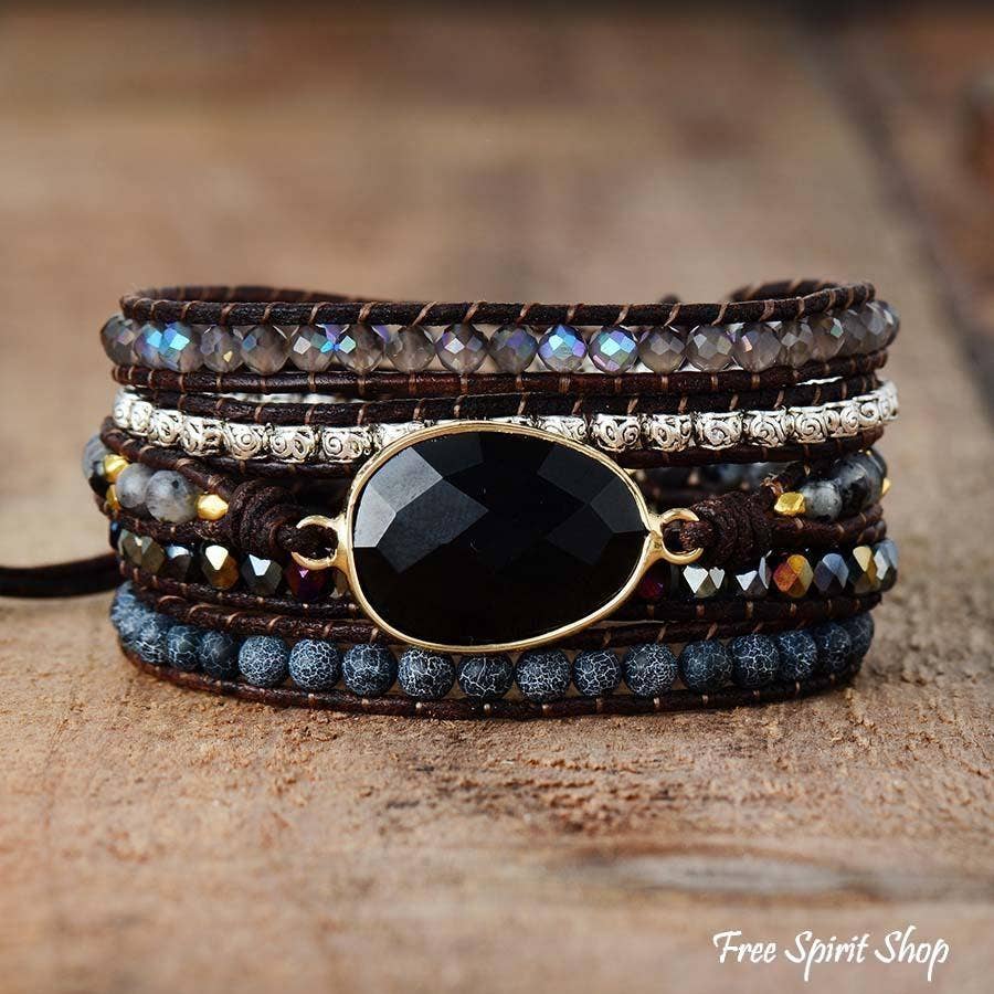 Natural Black Onyx Beaded Wrap Bracelet