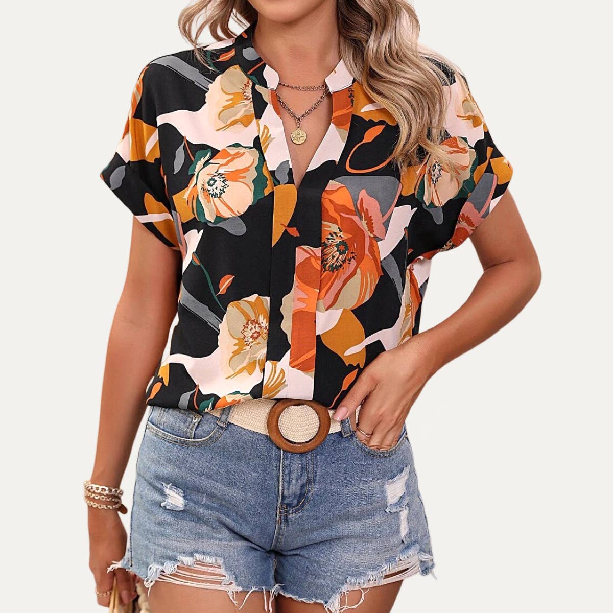 Always Trendy Multi-Color Printed V-Neck Short Sleeve Top