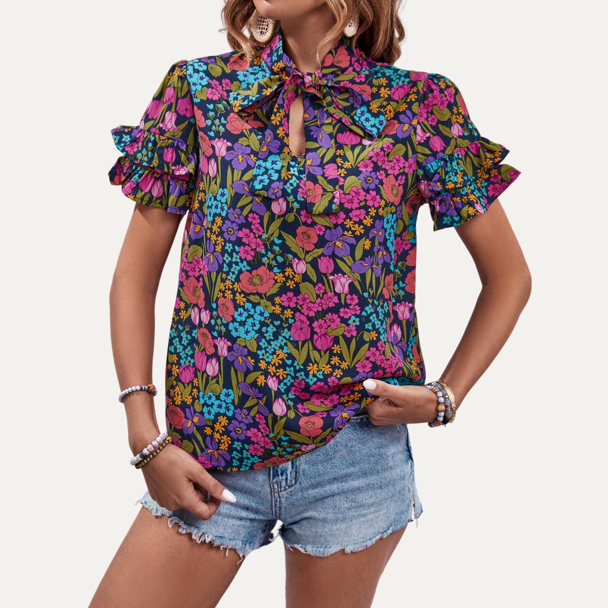 Lively Multicolor Floral Print Tying-Neck Short Sleeve Top