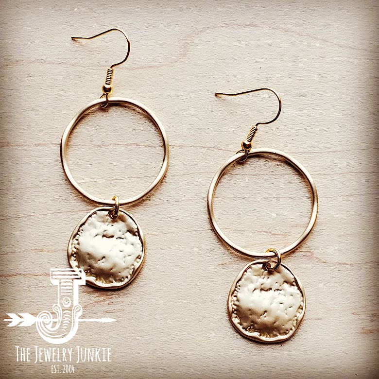 Matte Gold Hoop Earrings with Coin Dangle 203v