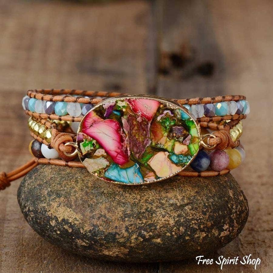 Handmade Color Splash Jasper Wrap Bracelet, Boho Bracelet