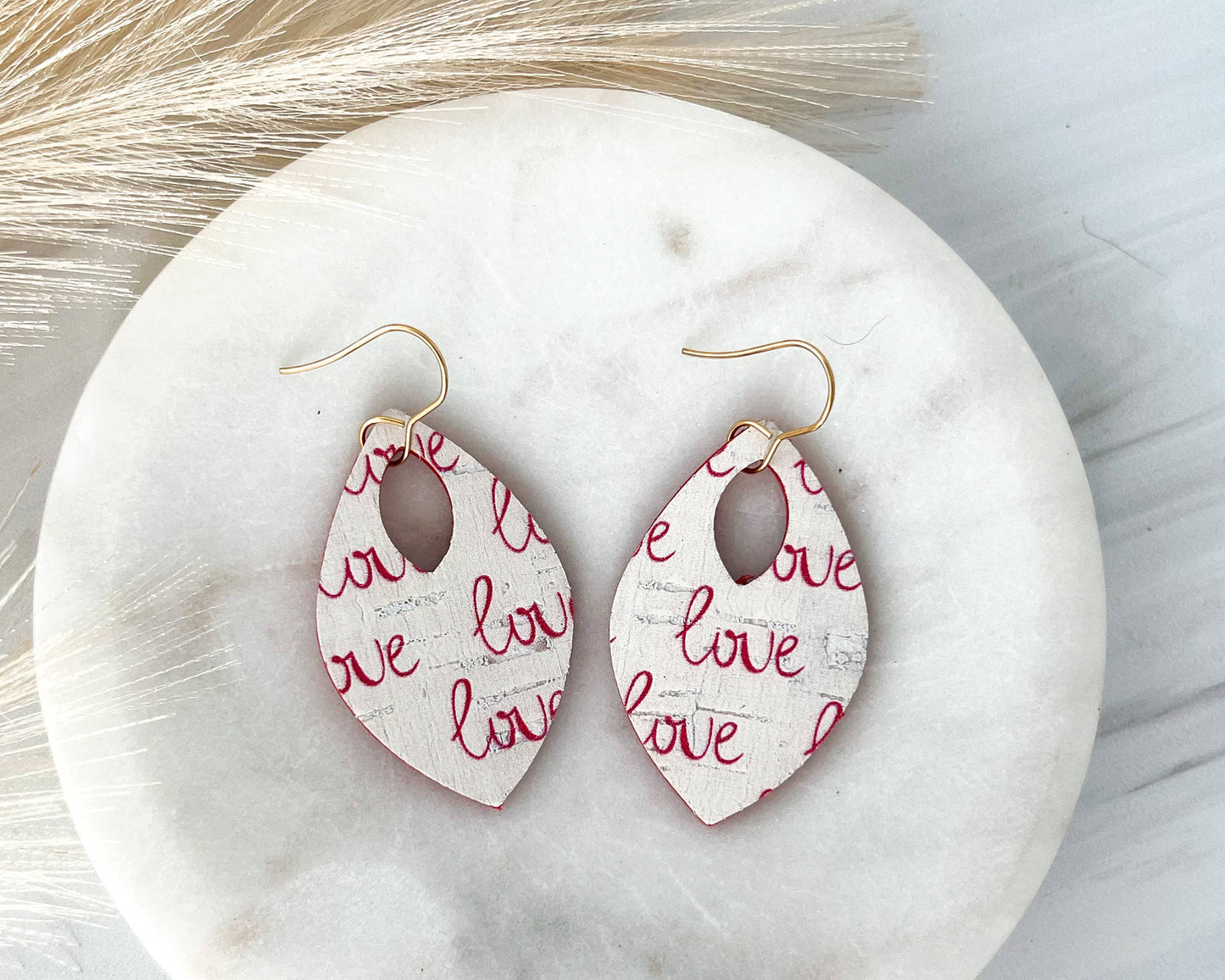 Red love Patterned Leather Teardrop Earrings