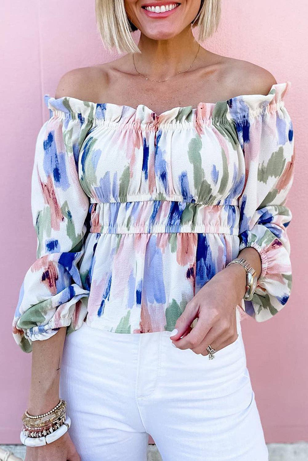 White Abstract Print Frill Off Shoulder Puff Sleeve Blouse