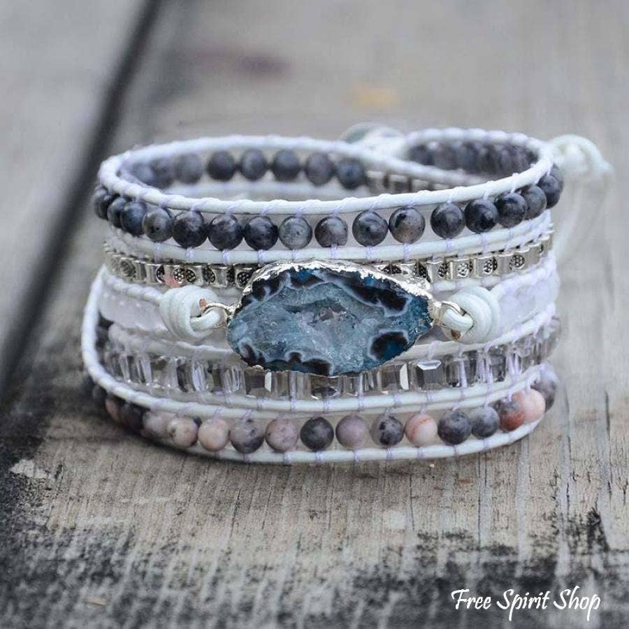 Natural Labradorite, White Jade & Druzy Stone Leather Wrap