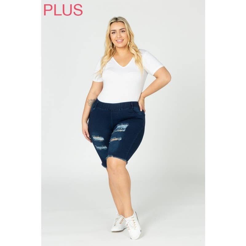 Plus Hi-Waist Distressed Bermuda Short Jeggings