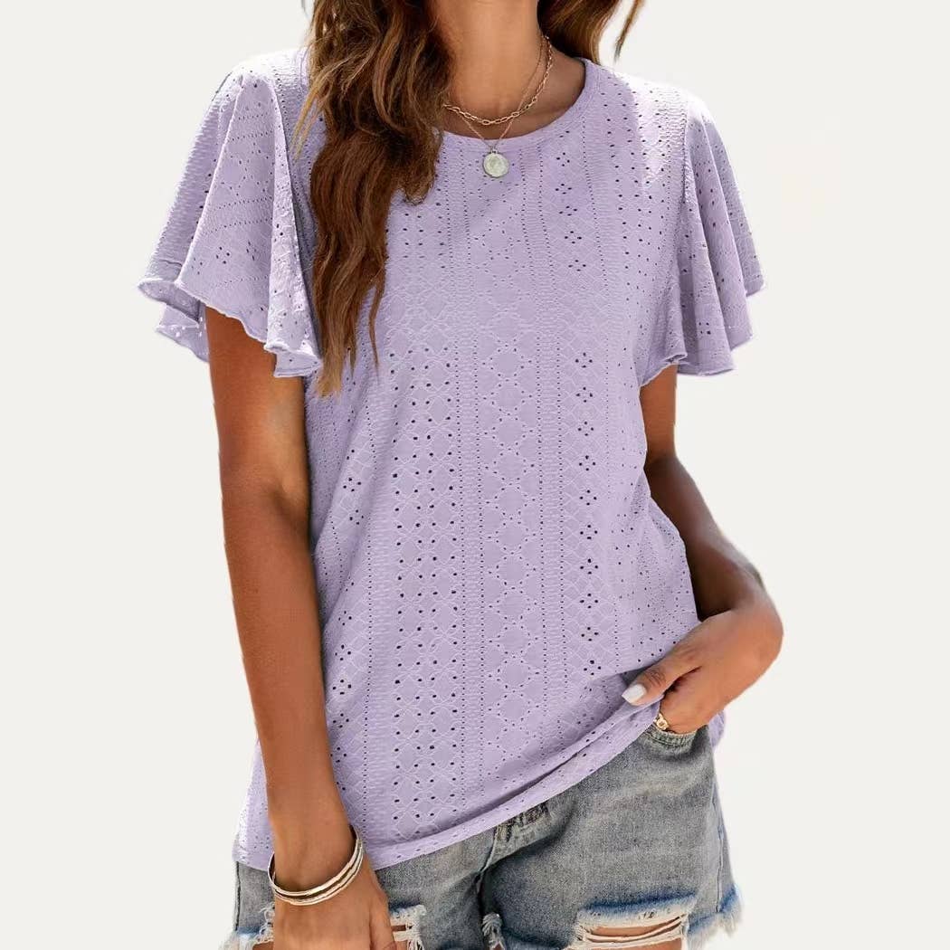 Pierced Eyelet Flutter Short Sleeve Top