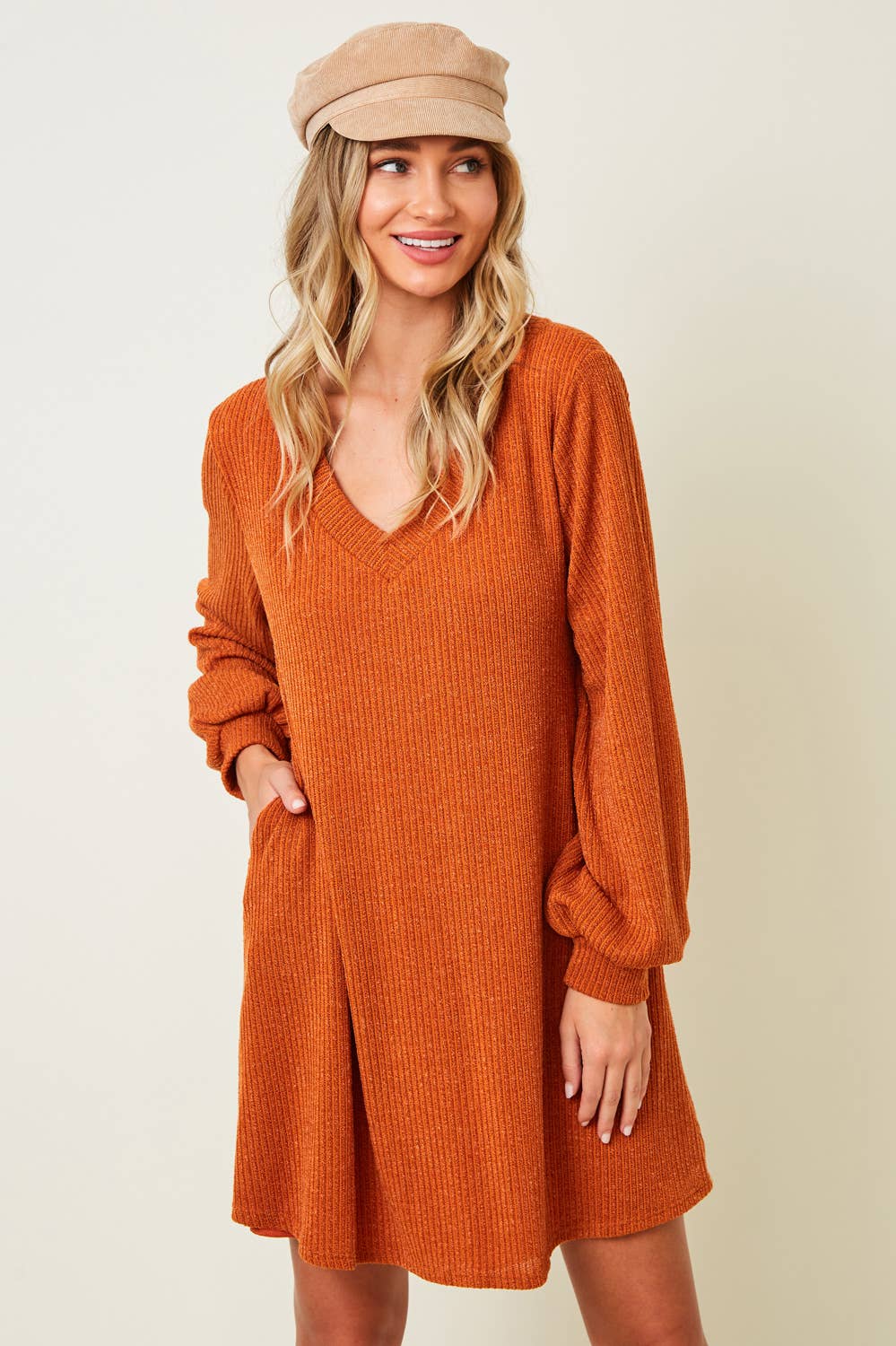 SD2109A RUST V-NECK RIB SWEATER DRESS - FALL TREND - SALE