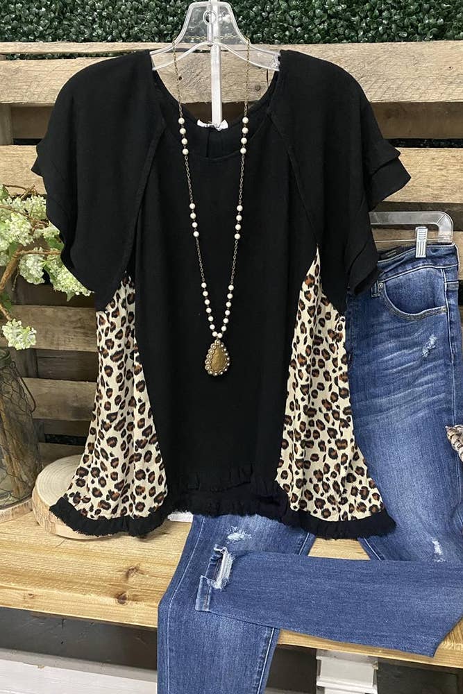 O-neck Short Sleeve Leopard Stitching Top CY210624